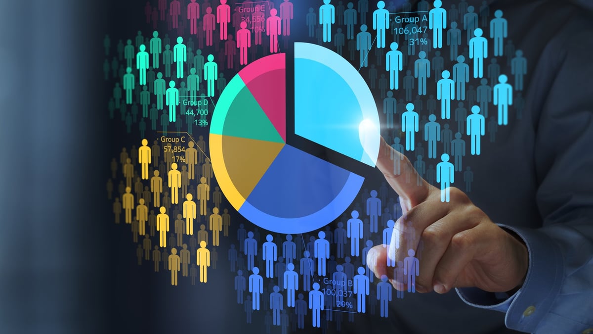 People icons and pie chart. Marketer touching the graph.